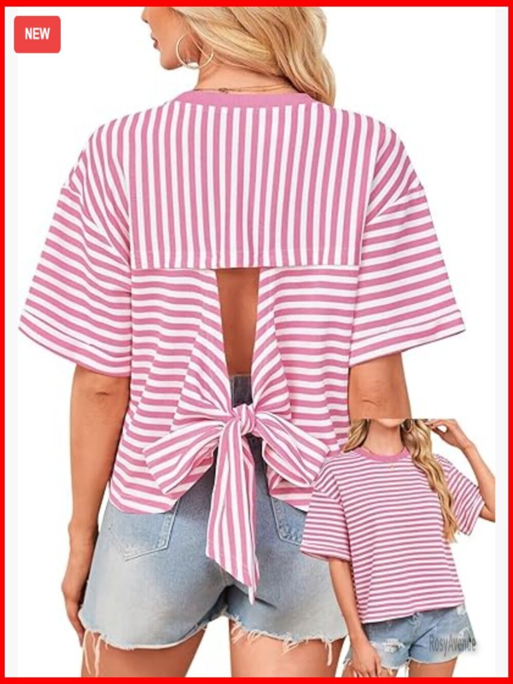 Striped Cutout Back Tie Boxy Tee Short Sleeve Loose Fit Crewneck Blouse